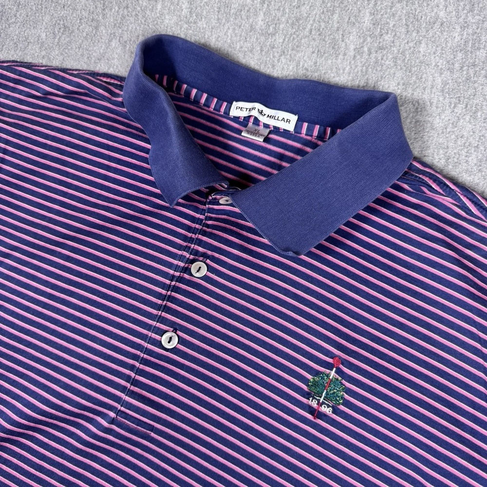 PETER MILLAR Mens Polo Golf Shirt XL Blue Pink Stripe Cotton Merion Golf Club